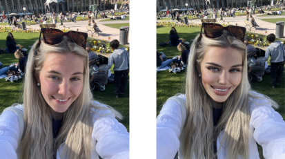 Zwei Selfies von einer Frau, auf dem linken Bild ist sie ungeschminkt und wirkt natürlich. In dem rechten Bild sieht sie operiert aus. Die Lippen und Augen sind größer, die Haut gestraffter.