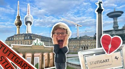 Eine Collage von Stuttgarter und Berliner Sehenswürdigkeiten mit dem schockierten Autor in der Mitte