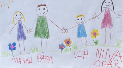 Eine Kinderzeichnung mit zwei Eltern, einem Kind und einer weiteren Person (das Au-pair), die Händchen halten, auf einer Blumenwiese.