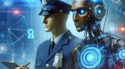 Links ist ein Polizist zu sehen und rechts ein Roboter 