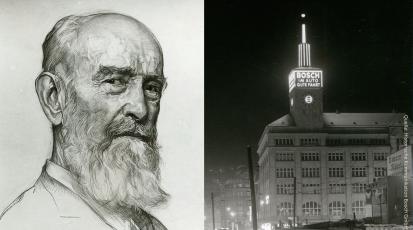 Eine Zeichnung von Robert Bosch und eine alte Aufnahme des Wilhelmbaus