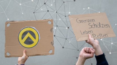 Protestschilder und Symbol der Identitären Bewegung