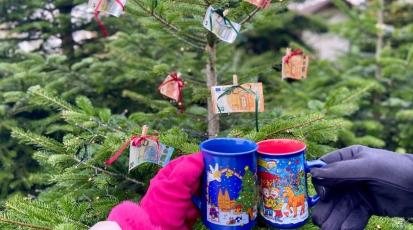 Geldscheine hängen an einem Tannenbaum. Im Vordergrund stoßen zwei Weihnachtsmarkttassen an.