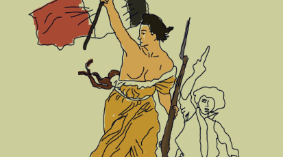 Personifizierung der Freiheit in Form einer Frau die die Flagge Frankreichs hisst.