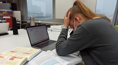 Eine Frau hat ihren Kopf verzweifelt in ihre Hände gestützt und sitzt vor einem Laptop und Lehrbüchern.