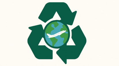 A clip-art collage of the earth with a plane in the center. The earth is surrounded by a recycling symbol. The image symbolizes sustainable travel.