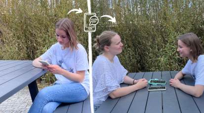 A photomontage of making friends online: On the left side, a young woman sits at a table, alone, looking at her phone. On the right side, she meets with another young woman. (photomontage,symbolic image) | source: Kim Romagnoli and Alice Kärcher, Design made with Canva