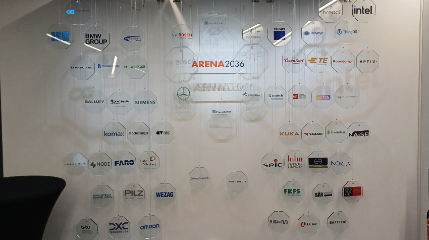 A compilation of the companies involved in ARENA 2036. Among them are Mercedes, Siemens, Bosch, Fraunhofer and Balluff.