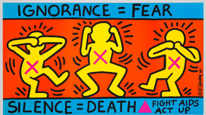 Ignorance = Fear, Silence = Death von Keith Haring. Drei gelbe Mänchen. Eines hält sich die das Gesicht zu, das mittlere die Ohren und das Rechte, den Mund.