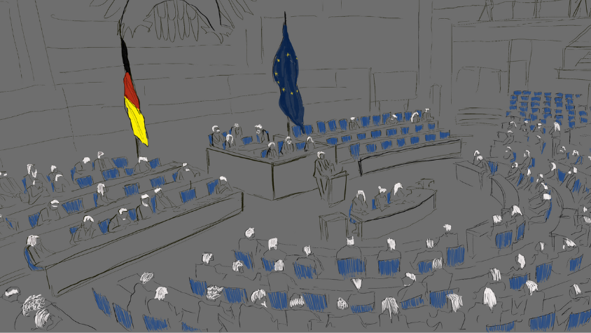Bundestagsabgeordnete mit symbolisch-grauen Haaren sitzen im Plenum.
