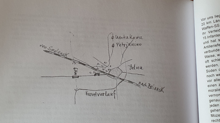 Eine Zeichnung aus dem Kriegstagebuch von Ekkehard Liehl. Sie zeigt die Frontlinie am Jelnja-Bogen.