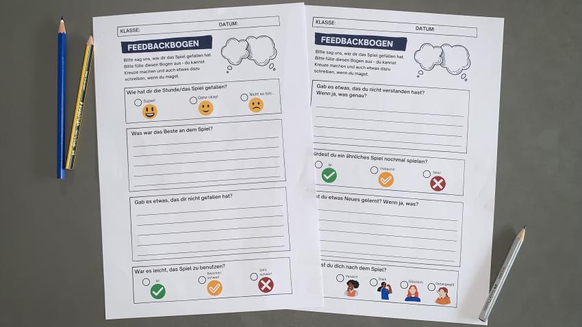 Der zweiseitige Feedbackbogen, den die Kinder der Testklasse ausfüllen konnten.