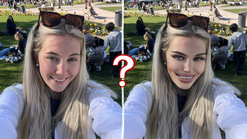 Zwei Selfies von einer Frau, auf dem linken Bild ist sie ungeschminkt und wirkt natürlich. In dem rechten Bild sieht sie operiert aus. Die Lippen und Augen sind größer, die Haut gestraffter.
