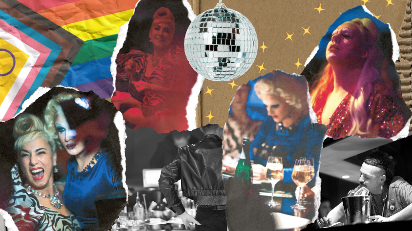 Eine bunte Collage mit Regenbogenflagge, Diskokugel, goldenen Sternen und Bildern von Menschen in Drag- und Party-Outfits in einer lebhaften LGBTQ+-Szene.