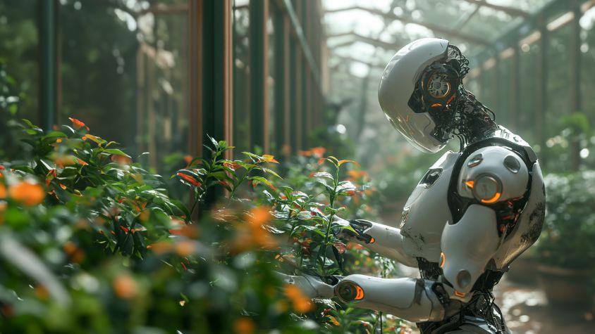 Futuristischer humanoider Roboter inmitten eines Gewächshauses blickt in ein Blumenbeet.