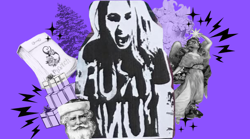 wütende Frau, umgeben von sexistischen Ritualen