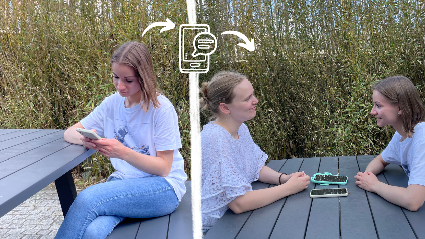 A photomontage of making friends online: On the left side, a young woman sits at a table, alone, looking at her phone. On the right side, she meets with another young woman. (photomontage,symbolic image) | source: Kim Romagnoli and Alice Kärcher, Design made with Canva