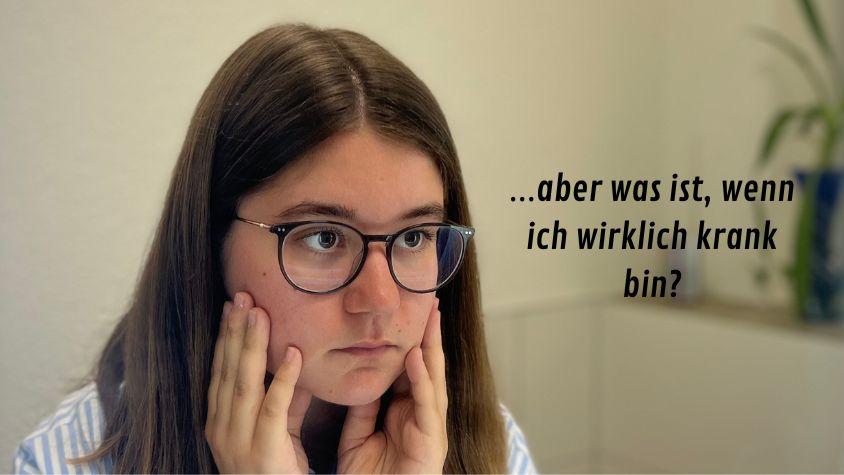 Person vor dem Spiegel, schaut sich kontrollierend an; Text: "...aber was ist, wenn ich wirklich krank bin?"