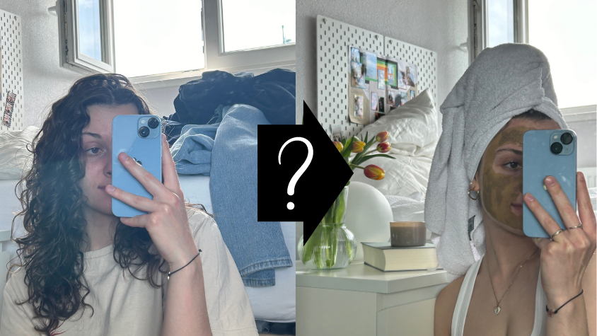 links: Spiegelbild, im Hintergrund sieht man Chaos auf dem Bett (Klamottenhaufen), rechts: Spiegelbild mit aufgeräumtem Zimmer, Person trägt eine Gesichtsmaske und einen Handtuchturban