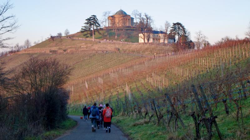 Blick in die Weinberge und auf die Grabkapelle auf dem Württemberg, an dem eine Gruppe Menschen vorbeiwandert