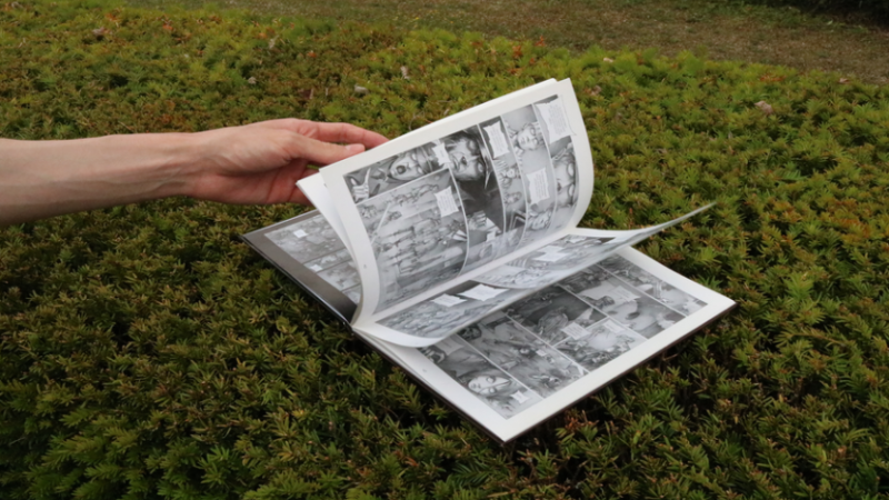 A hand browsing through a graphic novel.