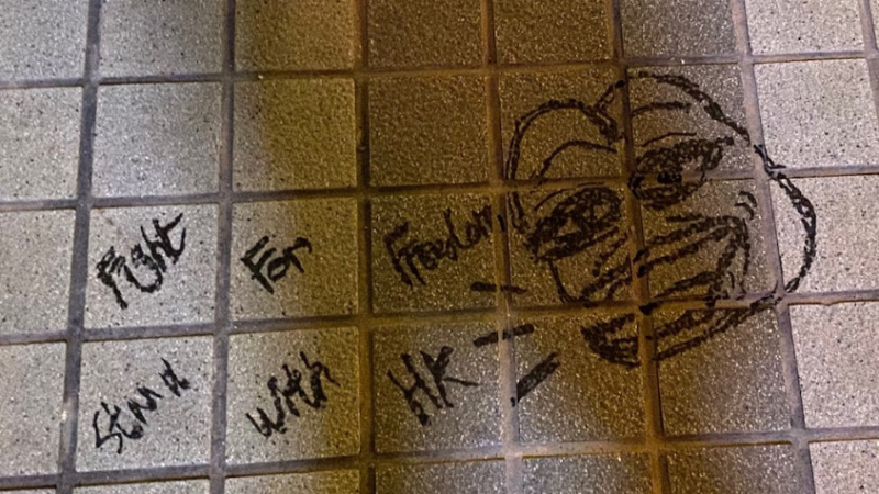 "Pepe the Frog" Straßengraffiti. Dazu die Aufschrift: "Fight for Freedom. Stand with Hong Kong".
