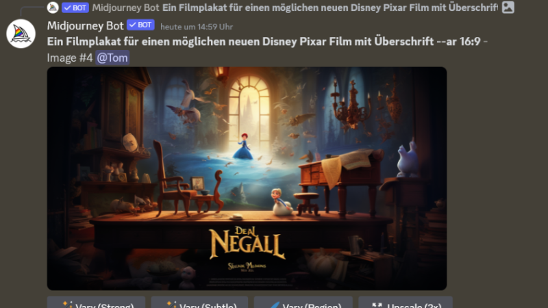 Screenshot aus dem KI-Programm "Midjourney". Es wurde ein Filmposter für einen möglichen Disney Pixar Film erstellt.