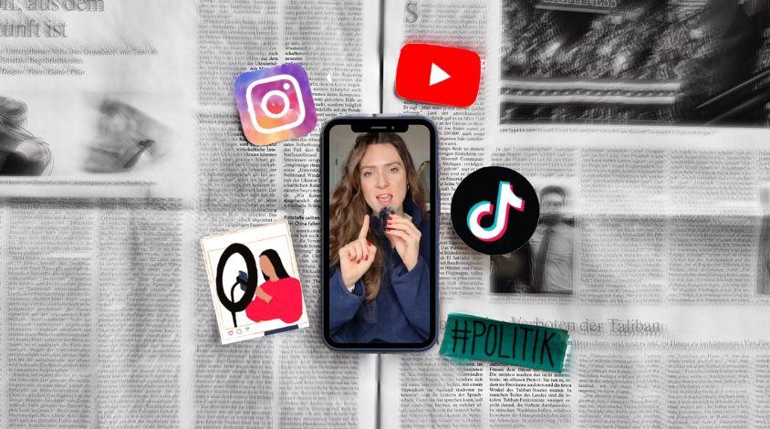 Ein Smartphone liegt auf einer Zeitung, umgeben von Social-Media-Logos wie TikTok, Instagram und YouTube – Symbolbild für den Wandel politischer Kommunikation durch Politische Influencer*innen. 